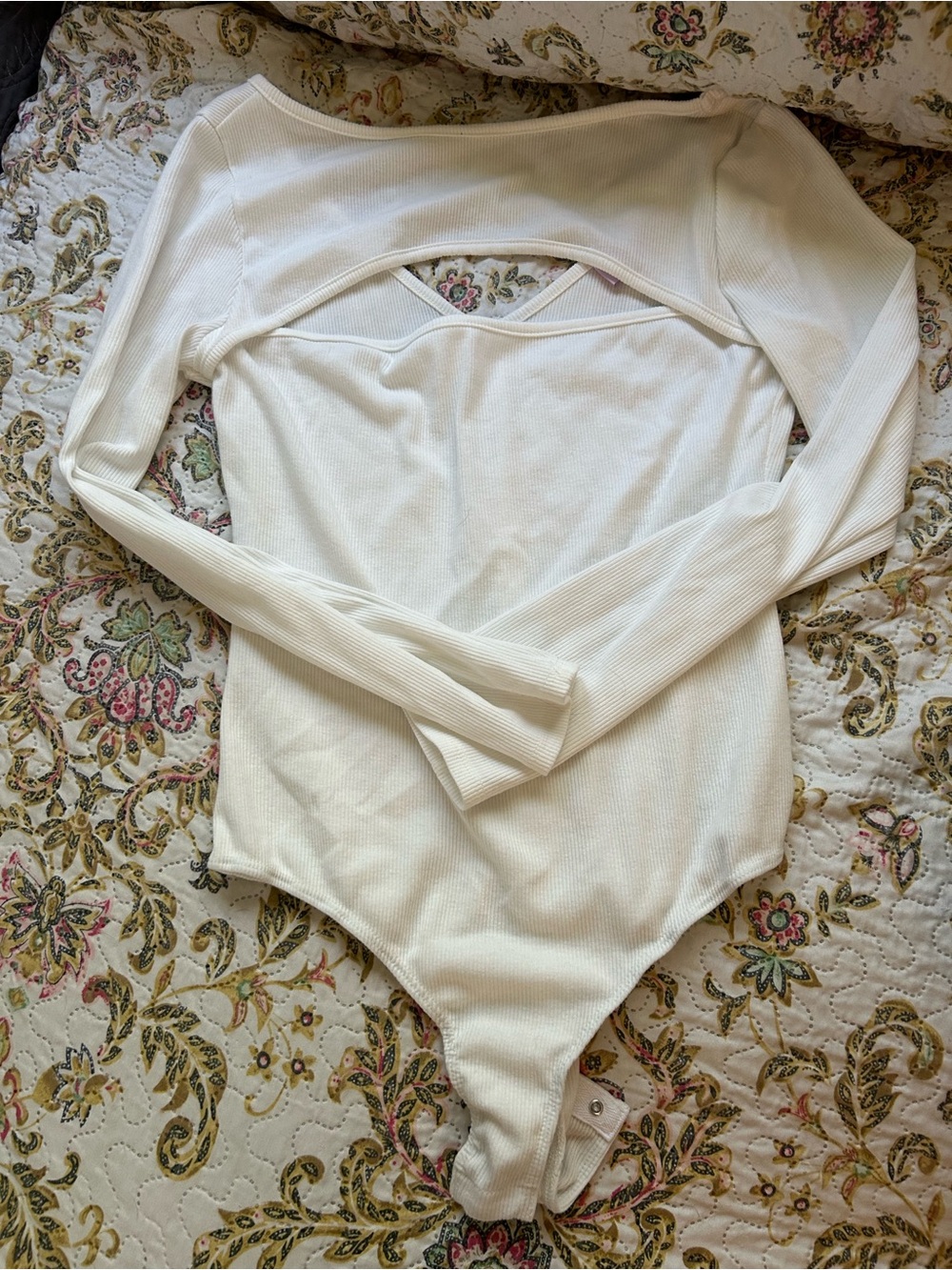 Women's Long-Sleeve White Ribbed Cutout Bodysuit